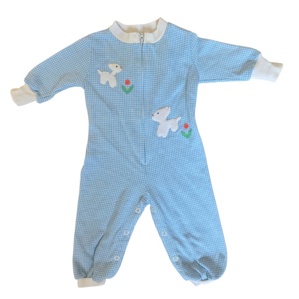 Vintage Sylvia Whyte Baby Houndstooth Sleeper Blue Size Small Sheep Farm USA